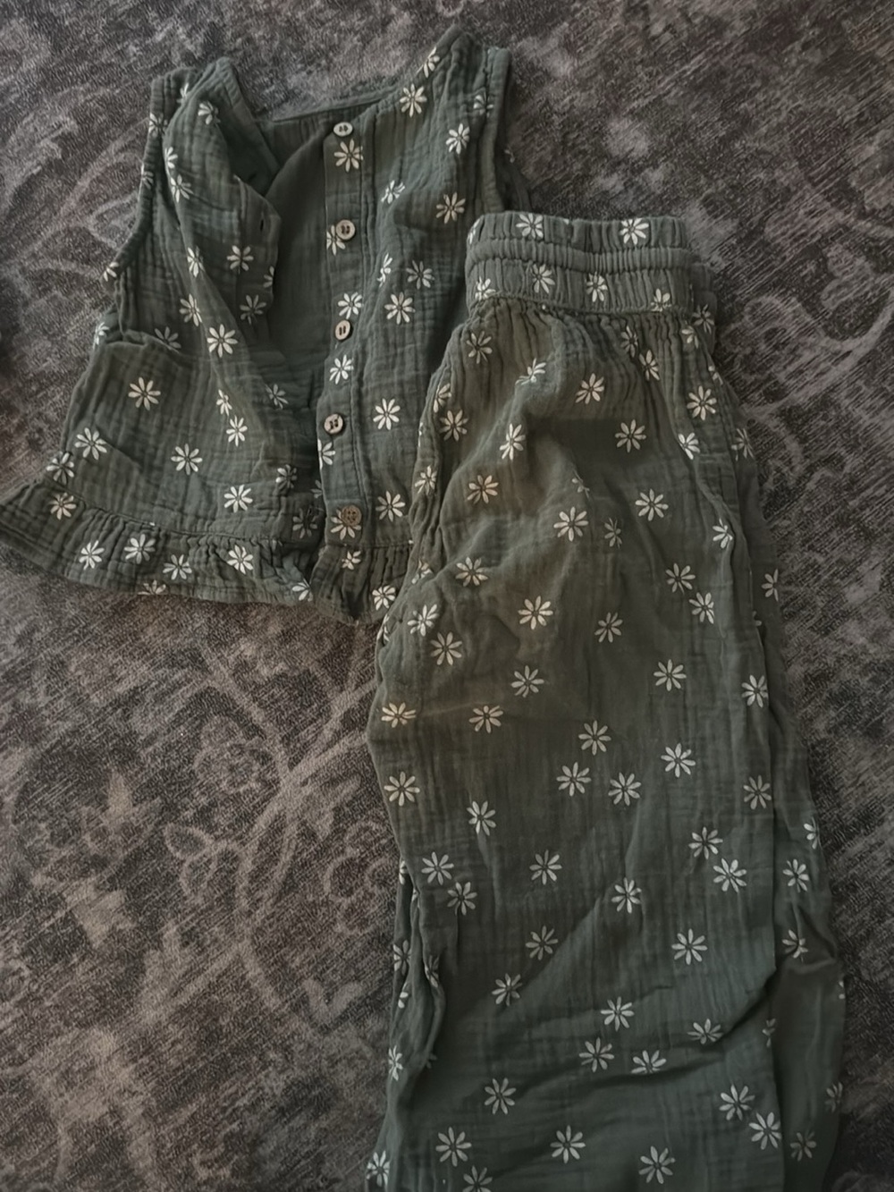 Rylee + Cru Olive Green Daisy Print Kids Matching Set